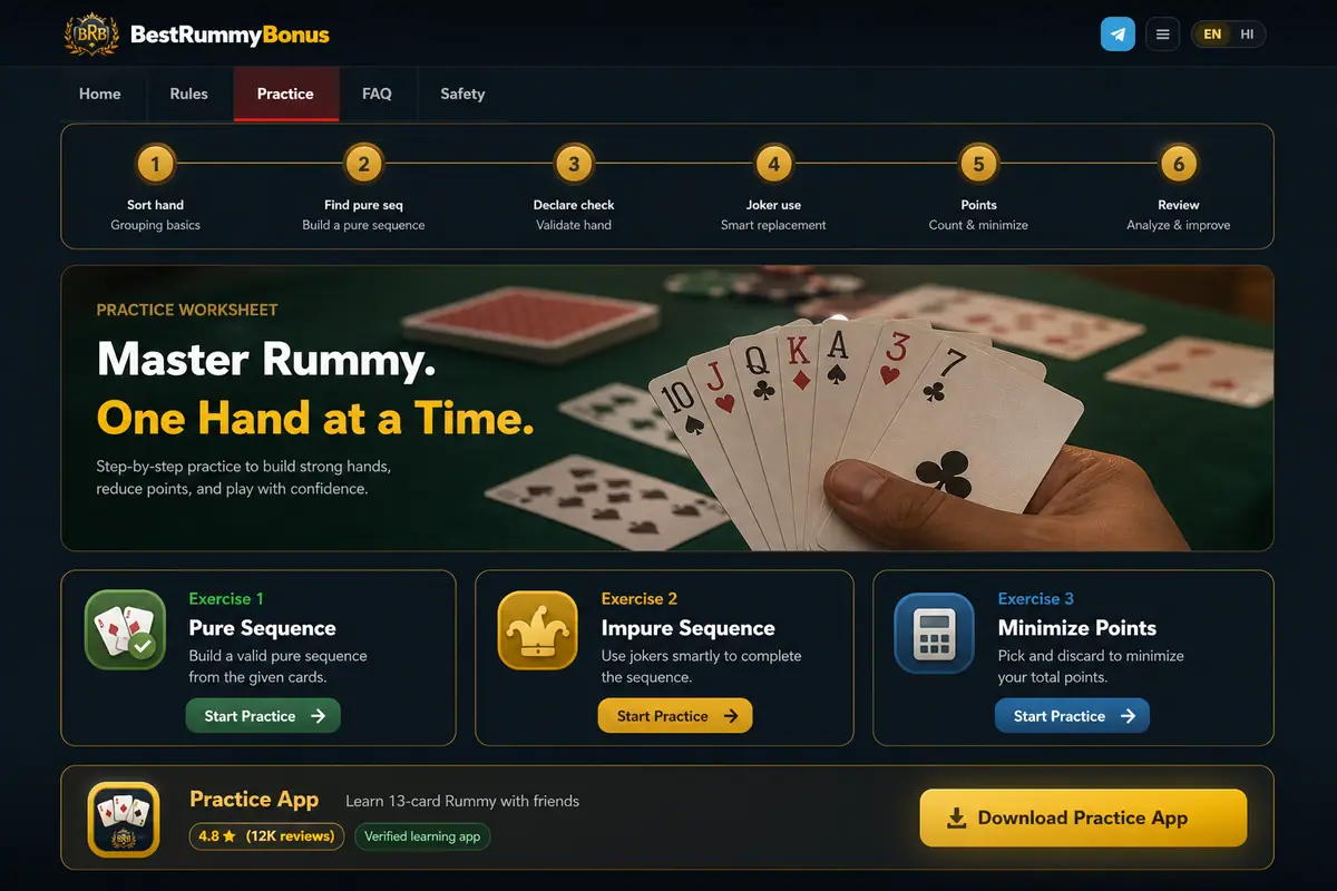 BestRummyBonus adult Rummy practice worksheet with cards and safety notes