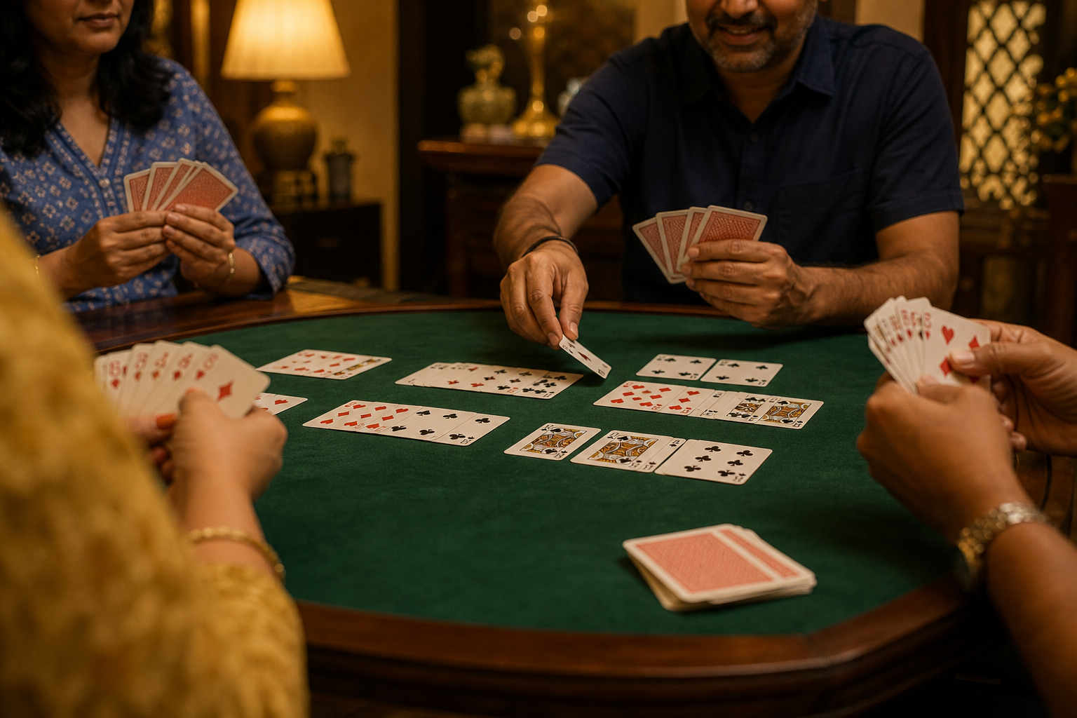 Rummy joker points explained with grouped melds banner with cards chips and gold stage lighting