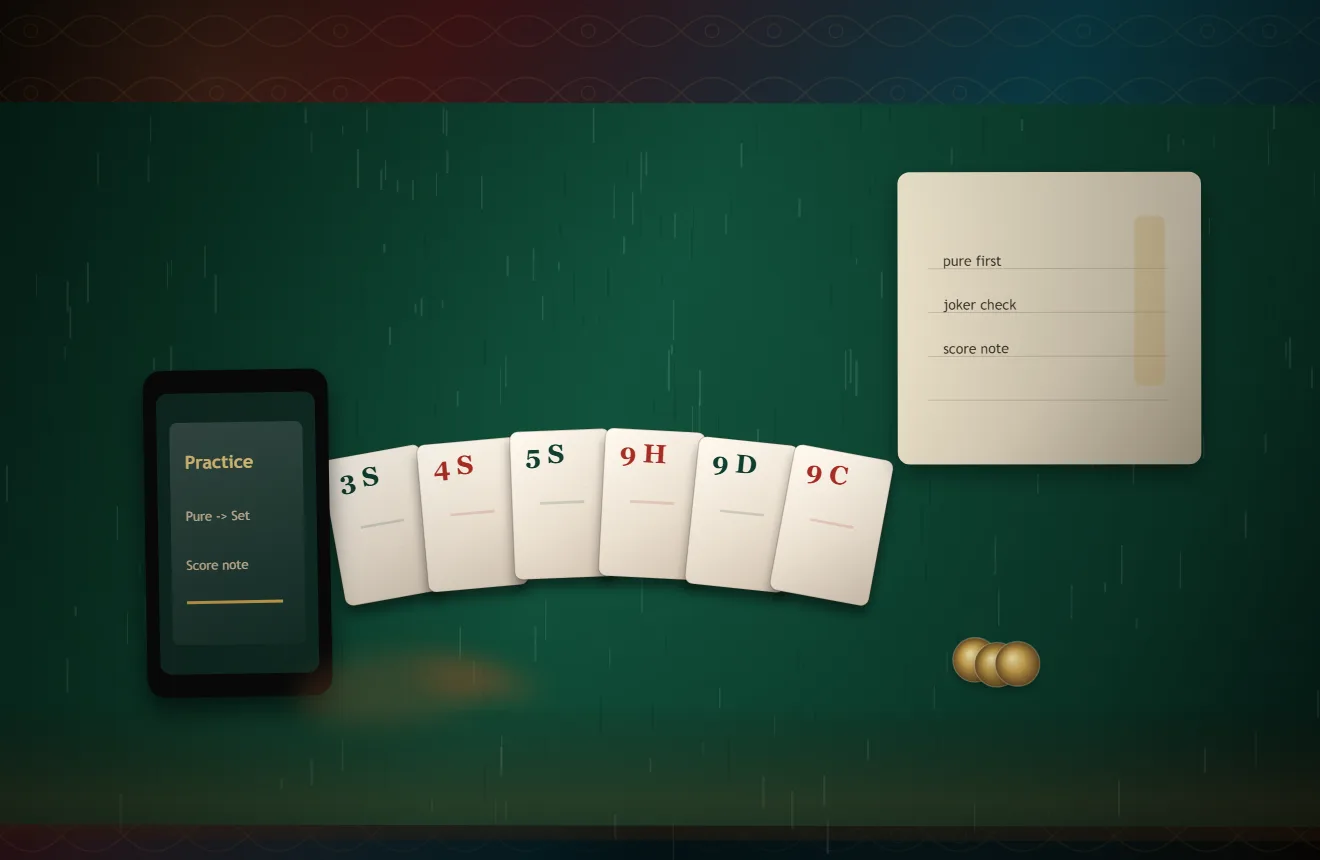 BestRummyBonus dark felt rulebook academy desk with 13 card rummy hand notes