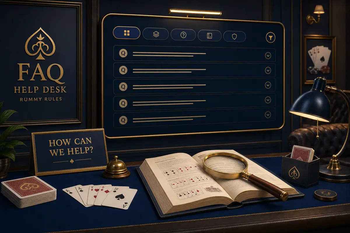 FAQ support art with Indian Rummy cards and editorial gold stage lighting