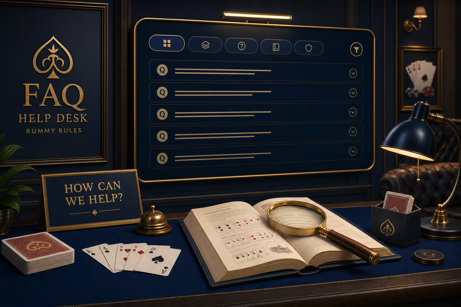 FAQ support art with Indian Rummy cards and editorial gold stage lighting
