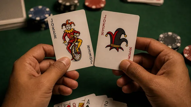 Joker cut example for Indian Rummy with cards, chips and rule notes