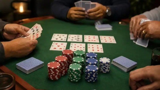 Deals rummy chip desk with arranged cards and comparison worksheet