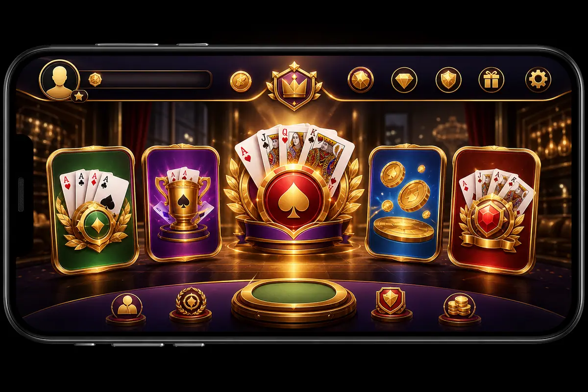 Dark game lobby atmosphere with Rummy cards and warm promotional lighting