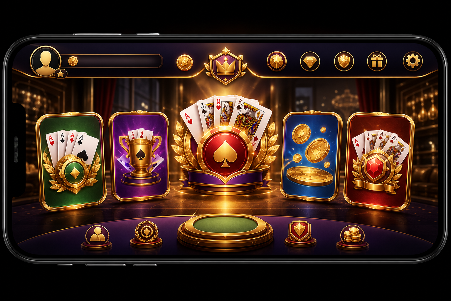 Dark game lobby atmosphere with Rummy cards and warm promotional lighting