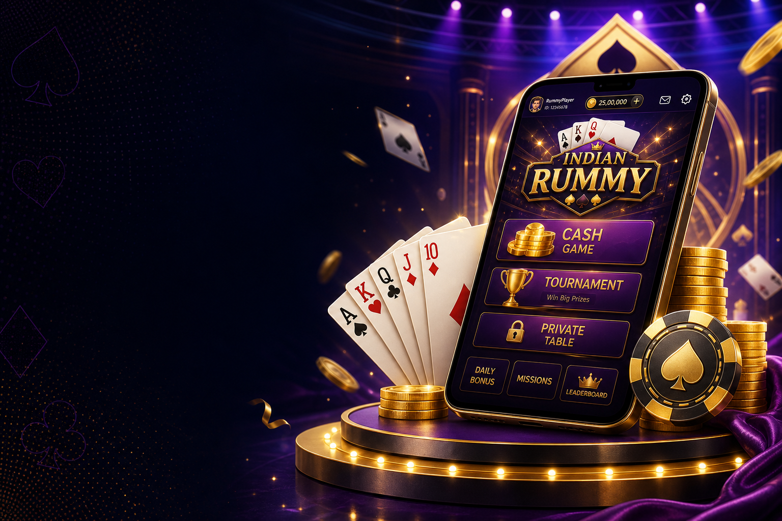 Rummy Apps guide banner with cards and gold stage lighting