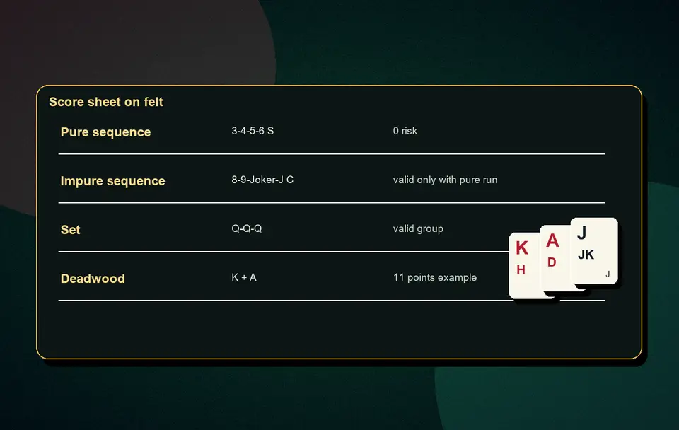 four card set examples Set combinations and valid examples visual 1 for Indian card game guidance, APK safety, rules, examples and responsible play