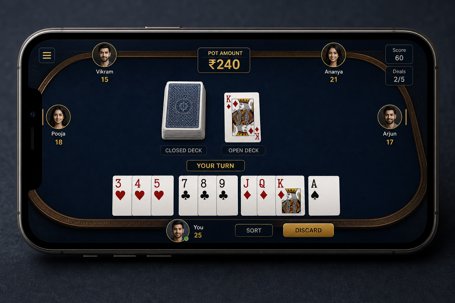 Phone screen showing gameplay review and declare validation