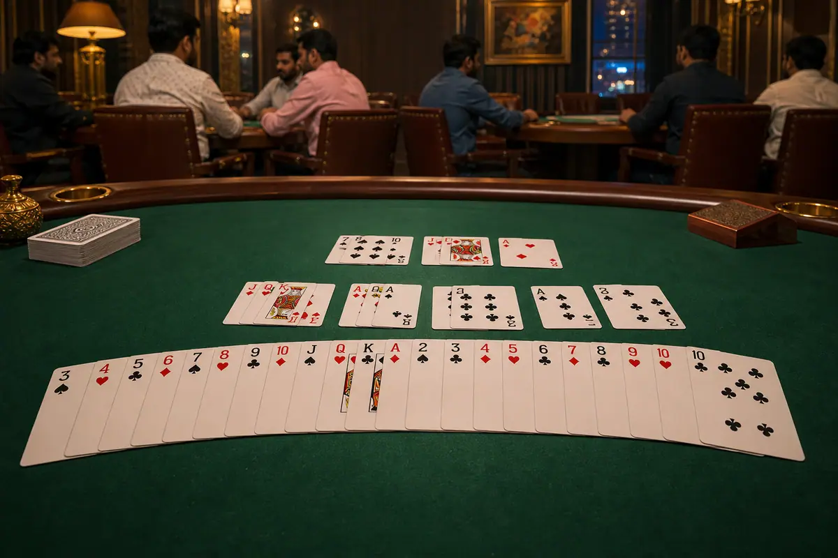 Twenty-one card Indian Rummy spread with extended meld groups