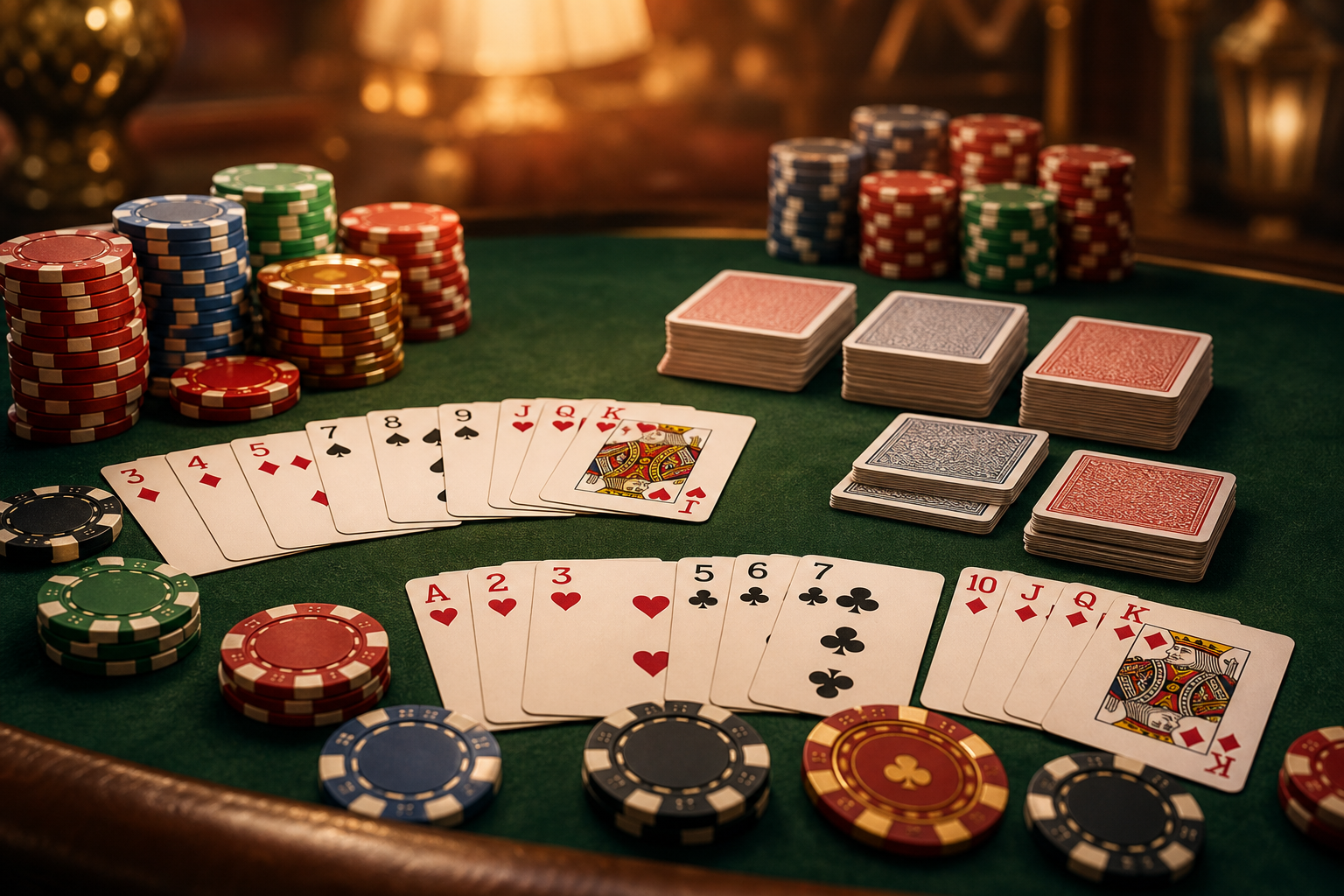 Deals Rummy multi-round chips and card stacks on felt table
