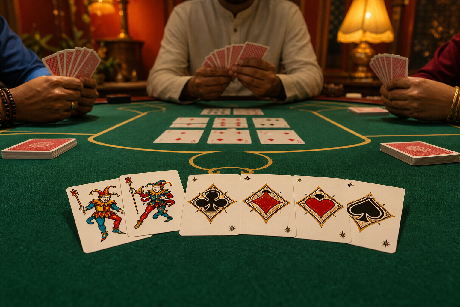 Indian Rummy joker rules lesson on felt with wild and printed cards
