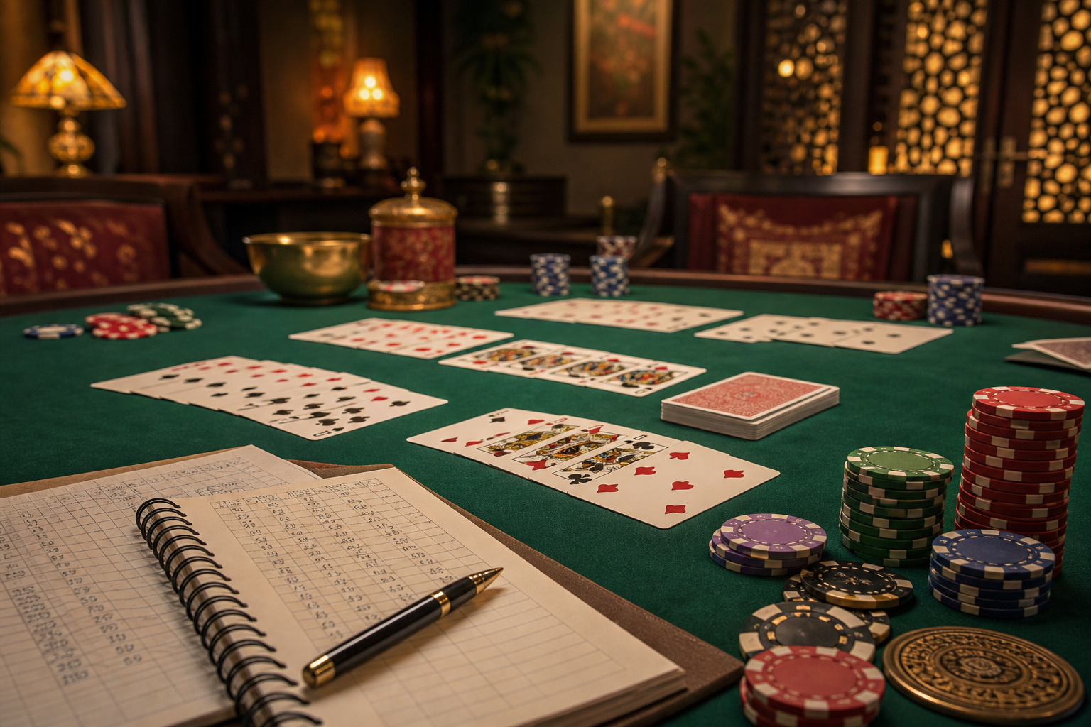 Pool Rummy scoring ledger scene with cards and running totals
