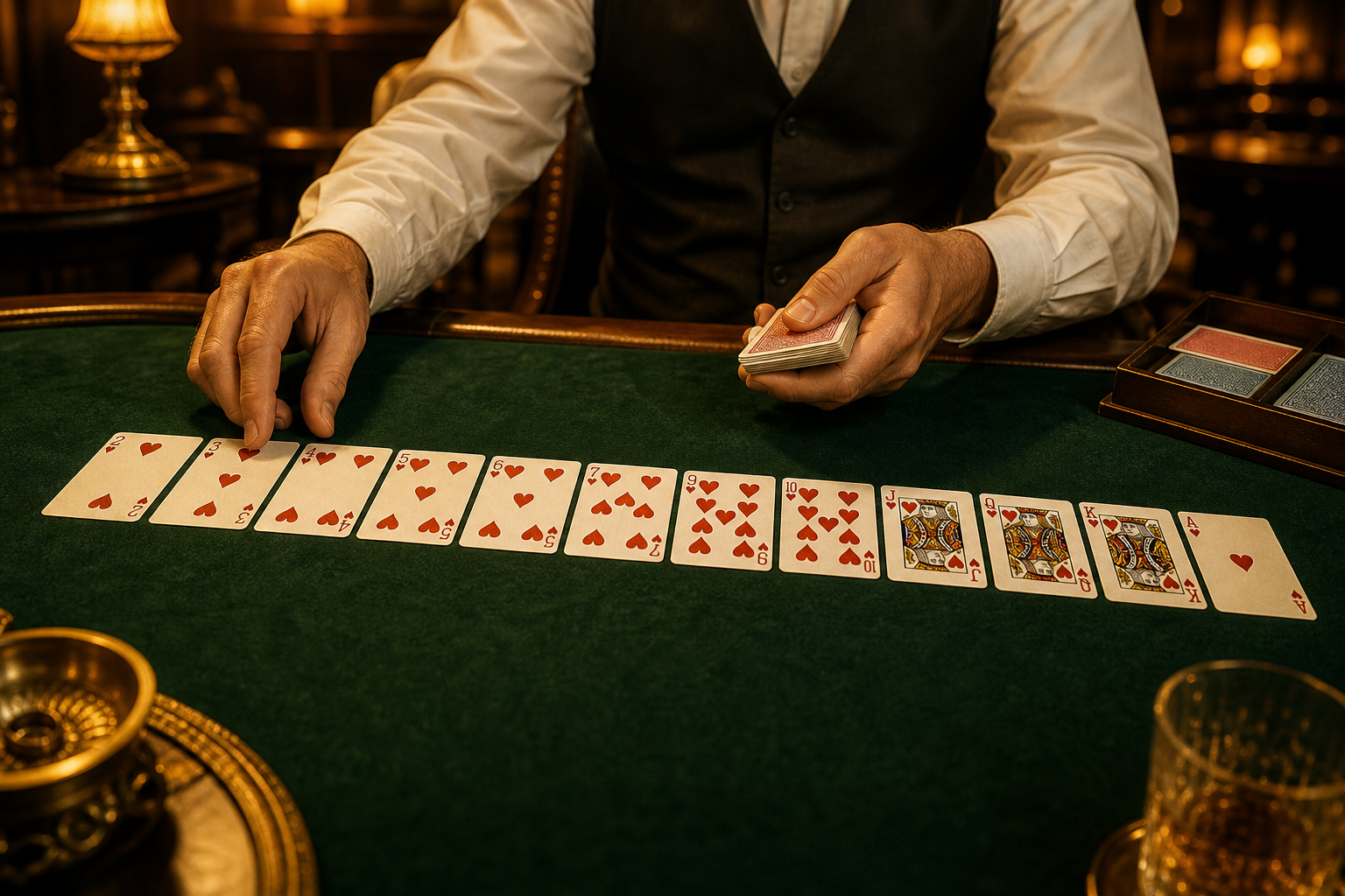 Pure sequence lesson with consecutive suited cards on emerald felt