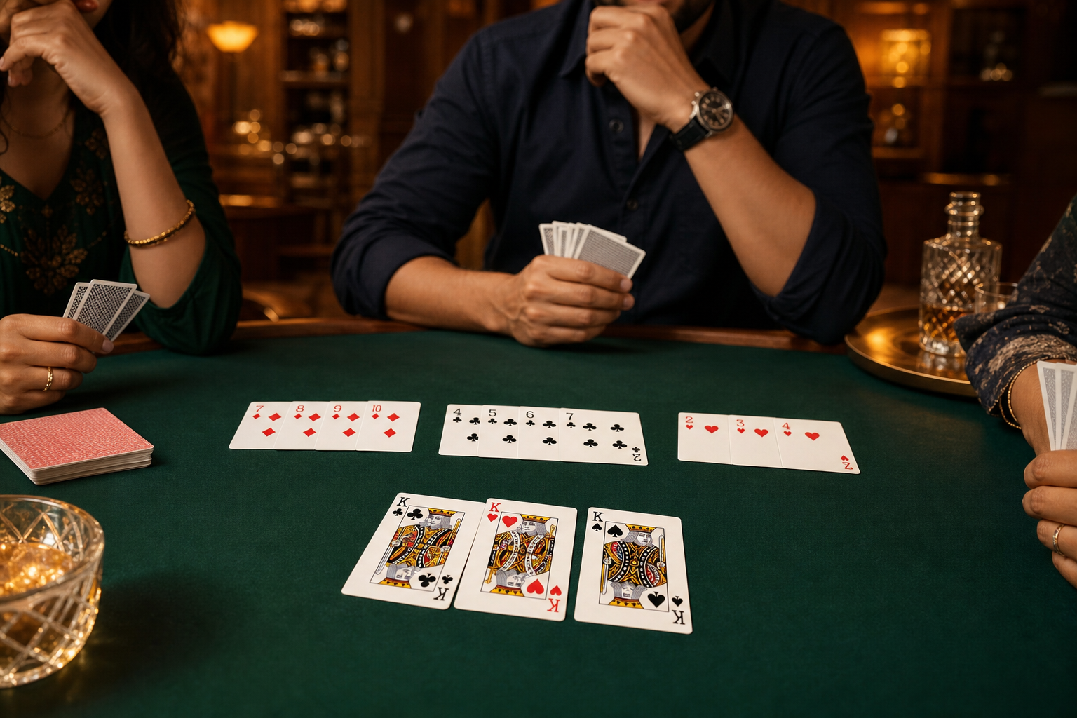 Set grouping lesson hero with rank matches across suits on felt