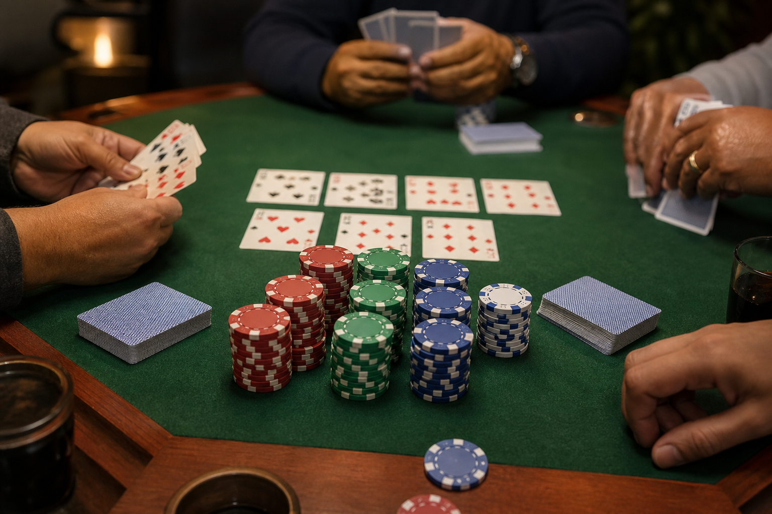 Deals Rummy tracks chips per round; count stacks before the next shuffle.