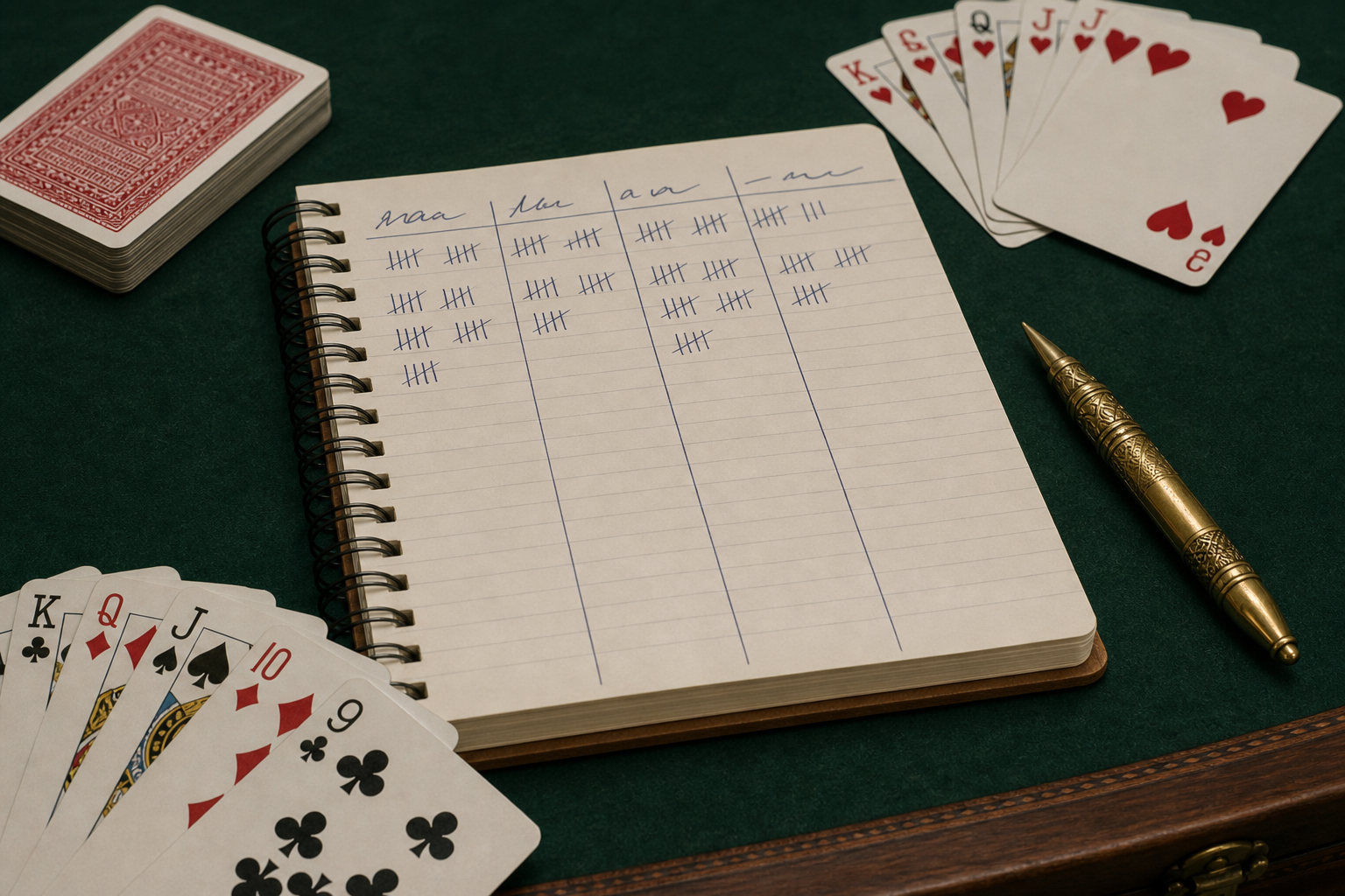 Score notes and cards on a desk used for Indian Rummy rule rehearsal