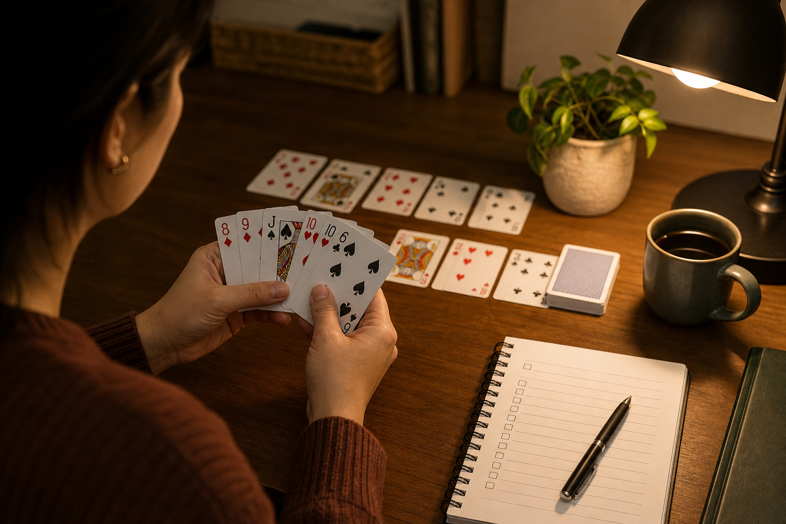 Adult player rehearsing Indian Rummy rules with cards and a practice checklist at home