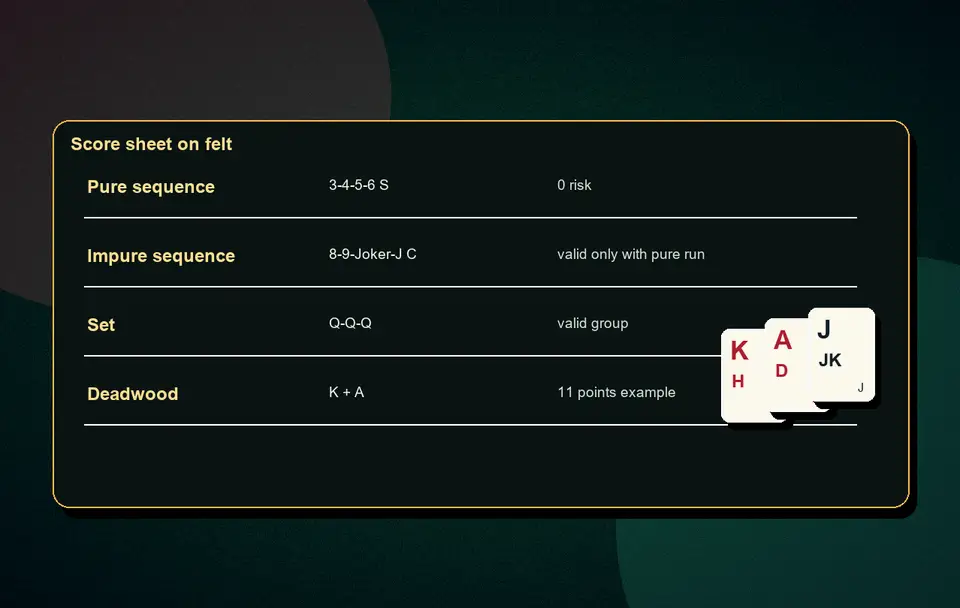 how to play 13 card Indian Rummy 13-card rummy basics visual 6 for Indian card game guidance, APK safety, rules, examples and responsible play