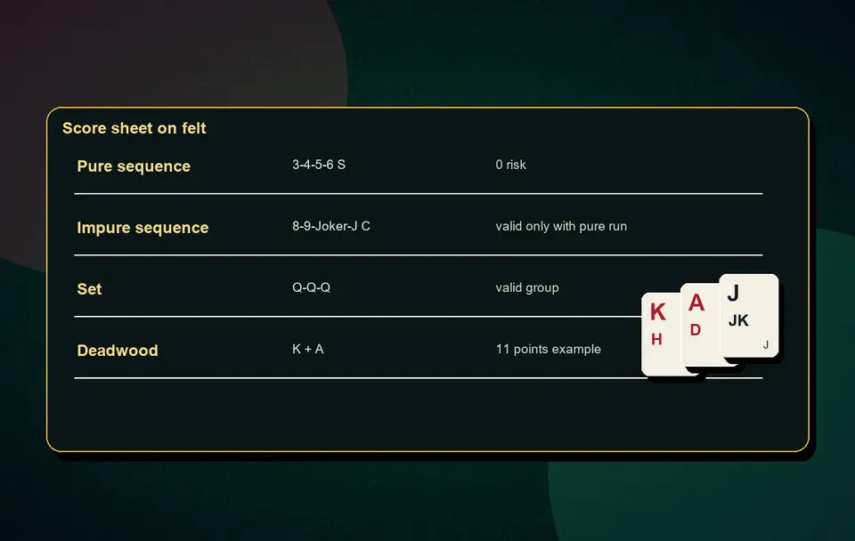 one pure sequence declaration rule Declaration and wrong show visual 6 for Indian card game guidance, APK safety, rules, examples and responsible play