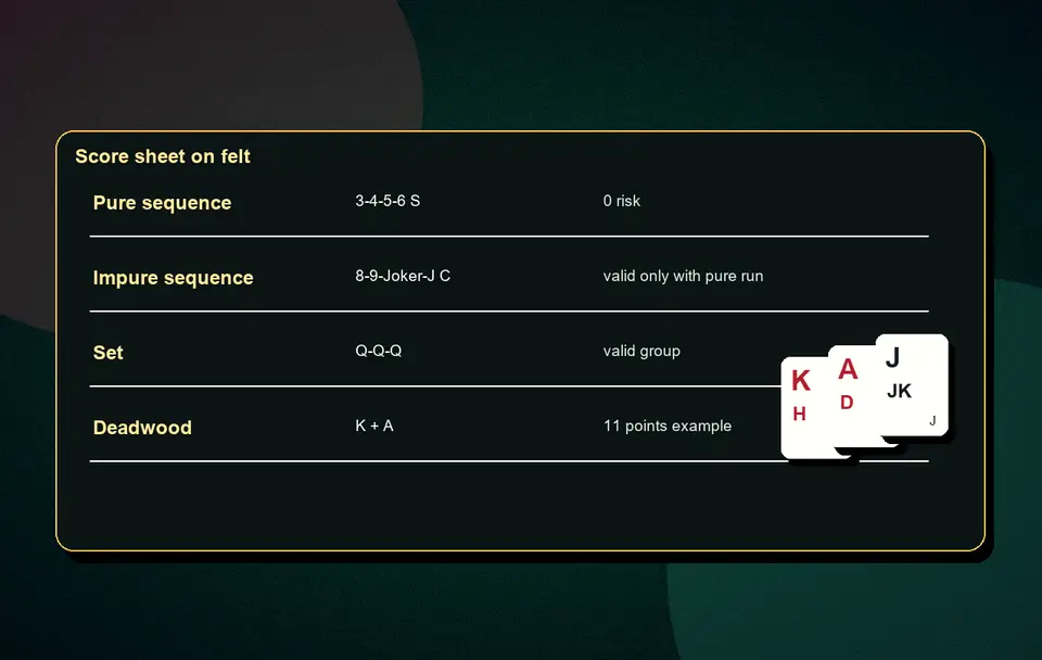impure sequence with printed Joker examples Impure sequence rules visual 5 for Indian card game guidance, APK safety, rules, examples and responsible play