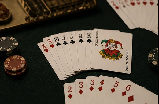 Close view of grouped sequences and sets laid out for Rummy practice review