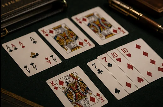 Close view of grouped melds illustrating 21 card Indian Rummy rules on a felt card table